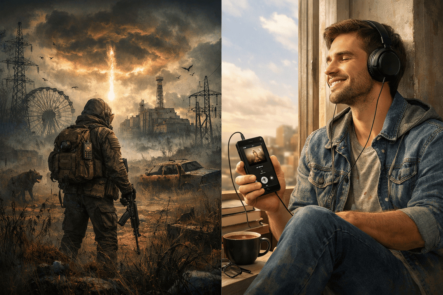 Сталкер в защитном костюме смотрит на заброшенную ЧАЭС в постапокалиптическом мире — атмосфера аудиокниг про сталкеров и зону отчуждения